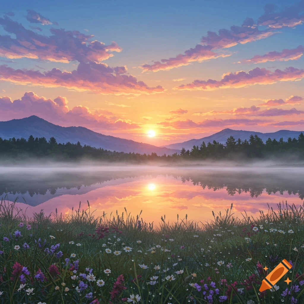 Serene sunrise over a misty lake with mountains in the background and colorful wildflowers in the foreground, rendered in an artistic style.