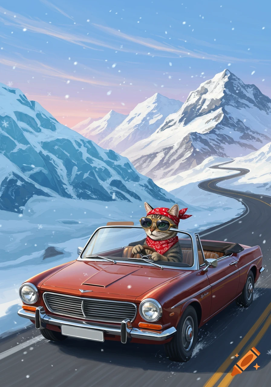 A tabby cat in sunglasses and a red bandana drives a classic red convertible through snowy mountains with a winding road.
