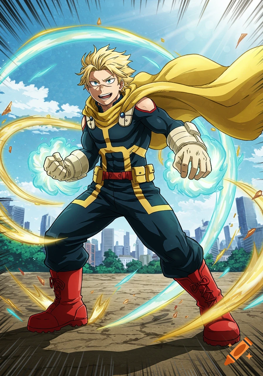 An anime superhero, Mirio Togata, with blonde hair and a yellow cape, in a dynamic pose with blue energy effects around him and a city in the background.