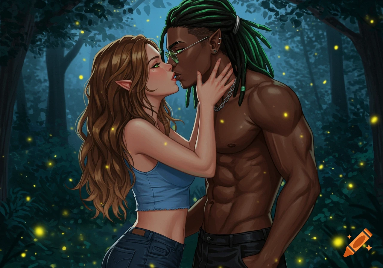 Anime illustration of an elf woman and a muscular man with green dreadlocks kissing in a moonlit forest with fireflies.