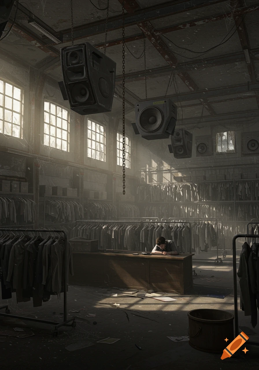 A dimly lit, dusty industrial clothes warehouse with racks of clothing, old speakers hanging from the ceiling, and a depressed worker slumped at a desk.