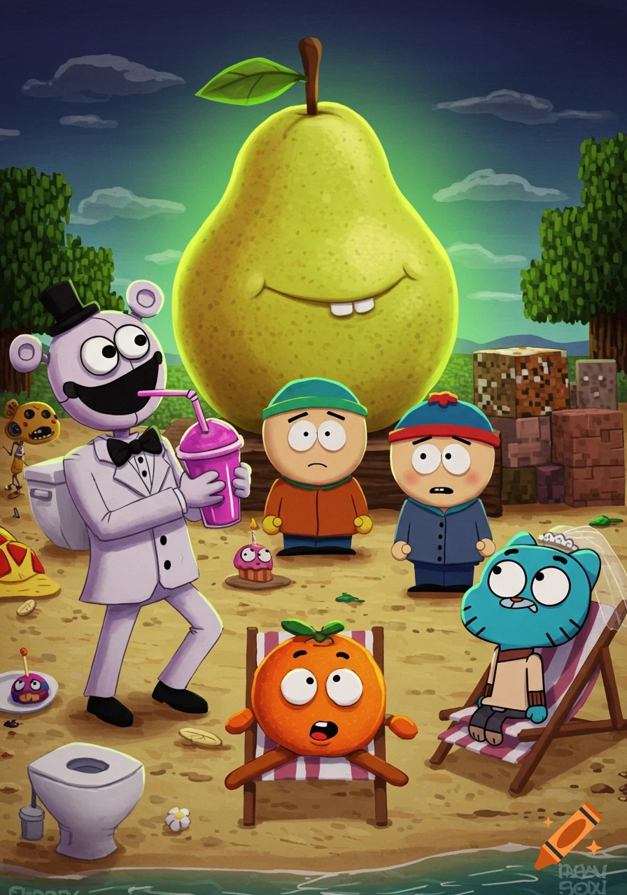 A colorful cartoon crossover image featuring Gumball, South Park characters, Annoying Orange, a pear, and more on a beach.