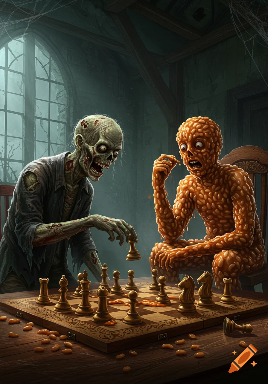 A zombie and a person covered in baked beans play chess in a dark, gothic room.