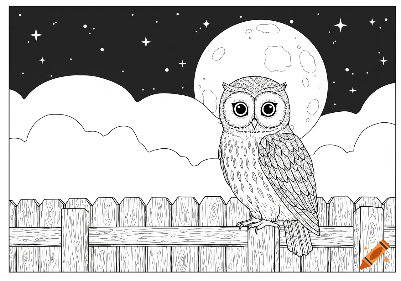 A black and white outline illustration of an owl sitting on a wooden fence under a full moon and starry night sky.