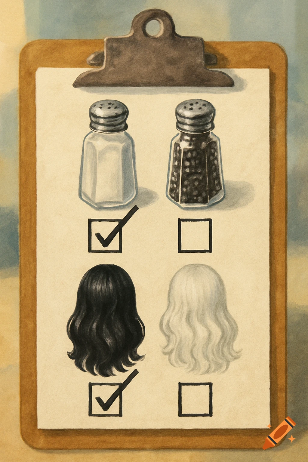 A painted illustration of a clipboard with a survey. A salt shaker is checked over a pepper shaker, and dark hair is checked over white hair.
