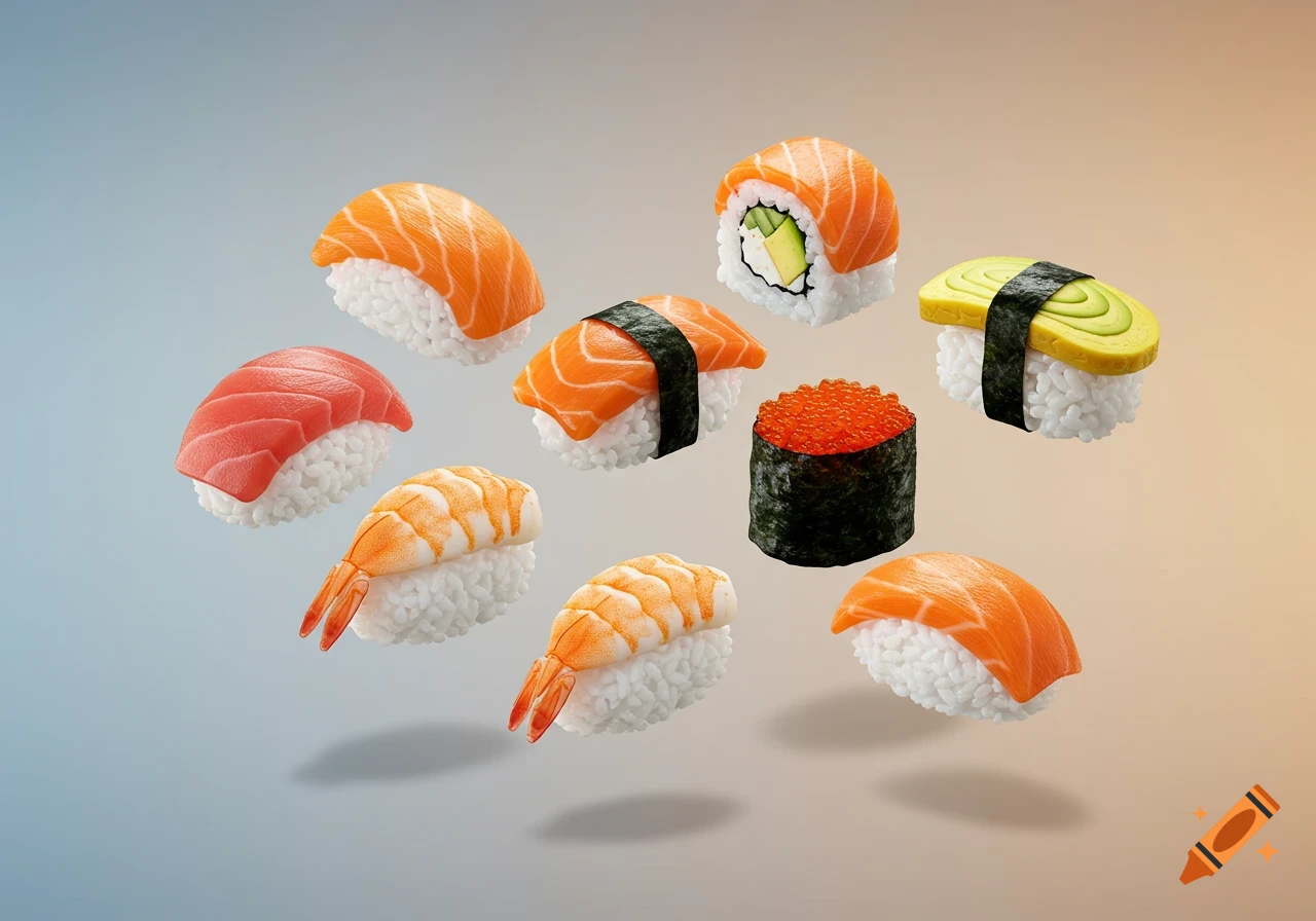 Assortment of salmon, tuna, shrimp, and roe sushi pieces floating against a subtle gradient background.