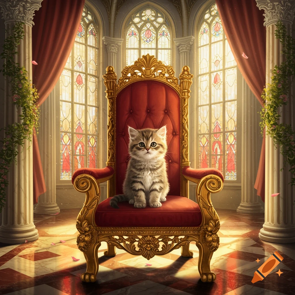 A small tabby kitten sits regally on a golden and red velvet throne in a grand hall with stained glass windows.