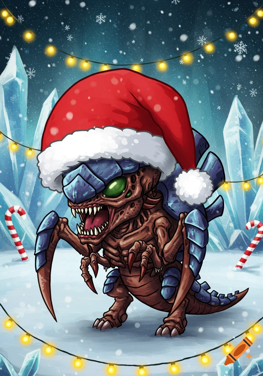 A cartoonish Tyranid monster with green eyes, sharp teeth, and blue armor, wearing a Santa hat in a snowy winter wonderland with ice shards, Christmas lights, and candy canes.