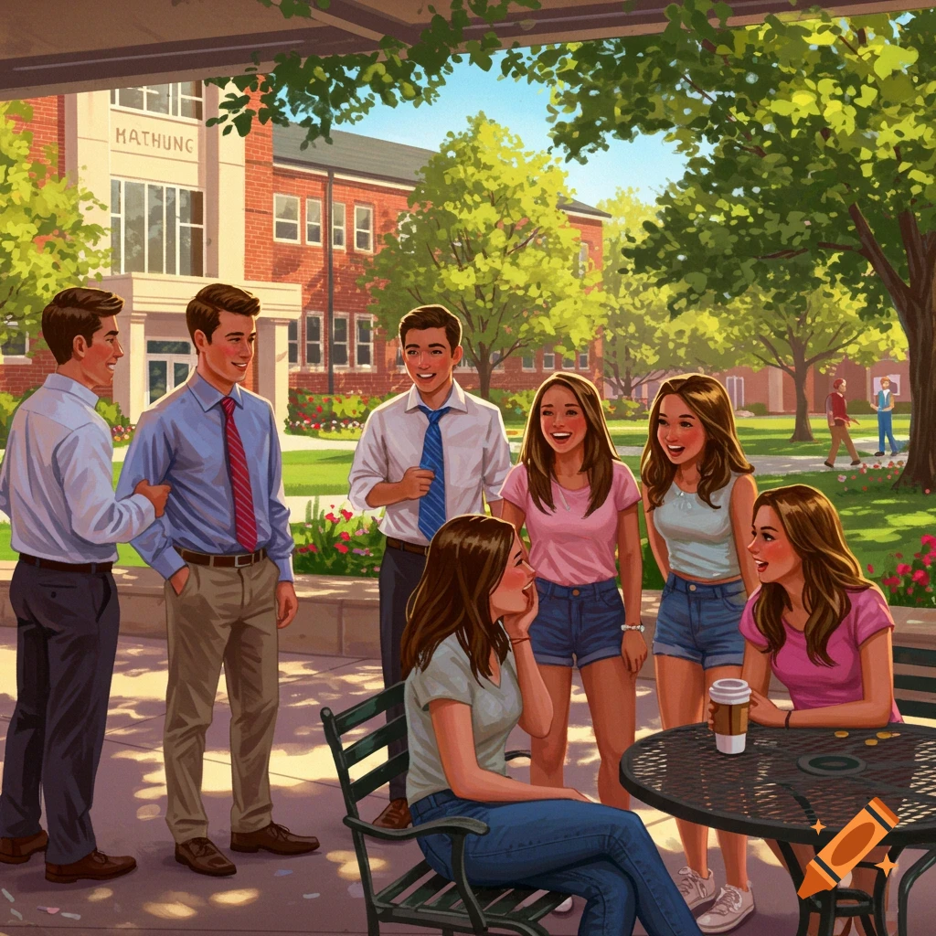 Illustration of young adults talking and laughing on a sunny college campus with a brick building and trees.
