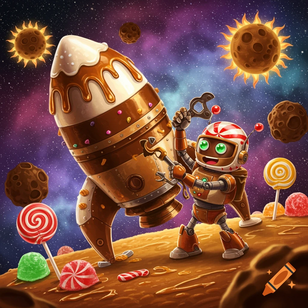 A whimsical illustration of a cheerful robot building a chocolate rocket in a vibrant, candy-filled outer space with candy tools.