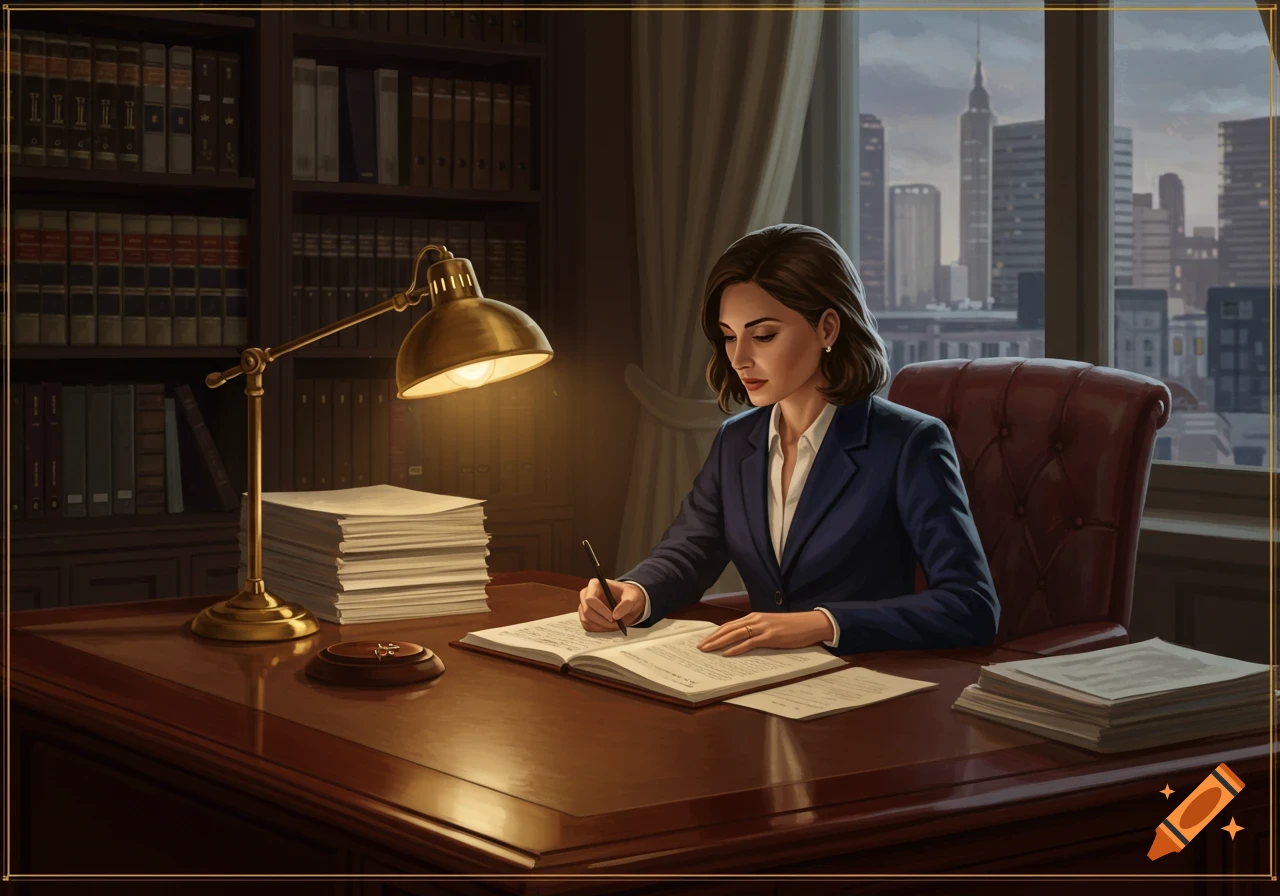 A professional woman in a suit writes at a large wooden desk in a dimly lit office with a city view.