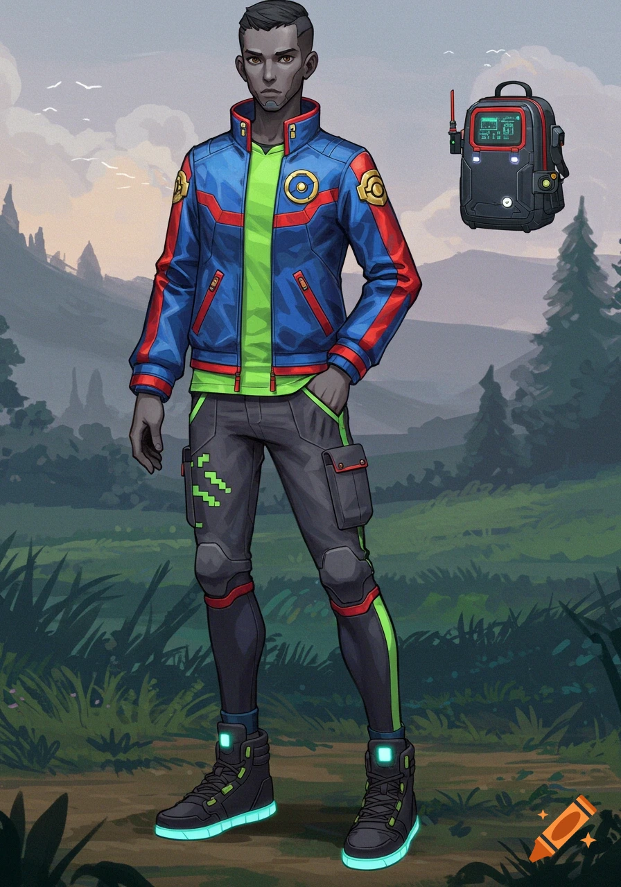 A stylized young man with dark skin, wearing a blue and red jacket, lime green shirt, and dark pants with green pixel accents and glowing sneakers. A techy backpack floats nearby. He stands in a grassy landscape.
