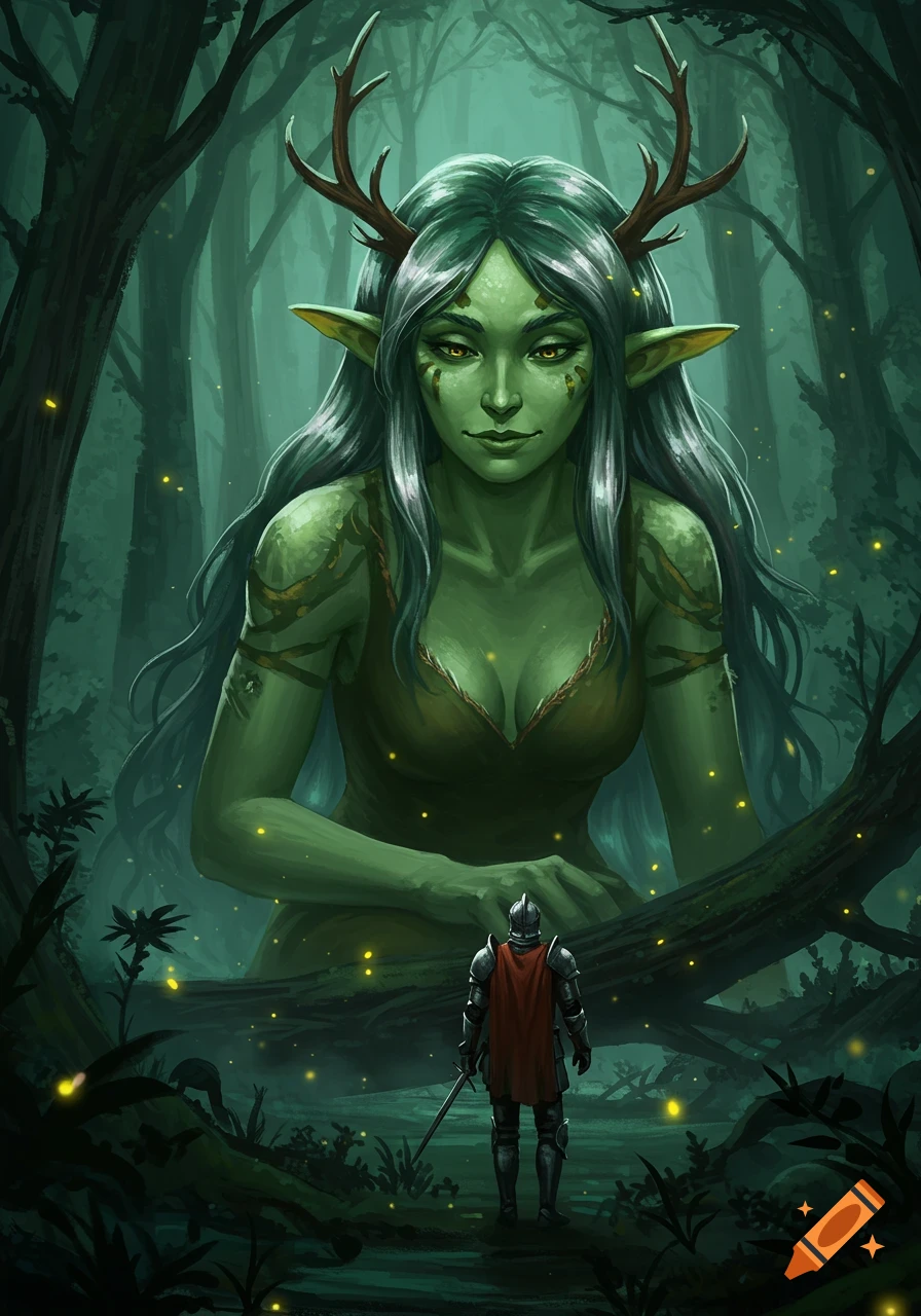 A giant green, antlered lady gazes down at a small knight in a dark, misty fantasy forest with glowing fireflies.