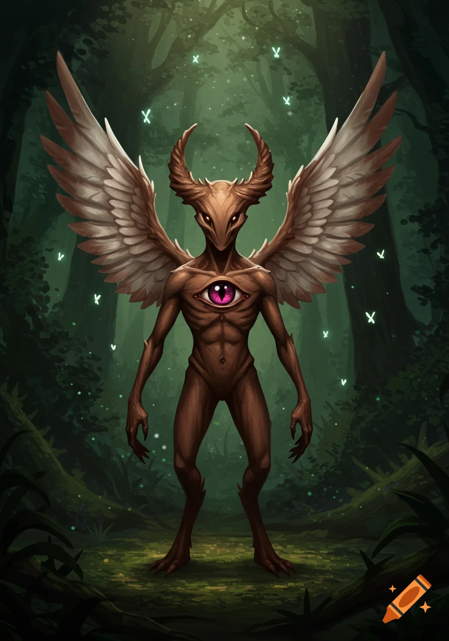 A brown winged imp-like creature with horns and a large purple eye on its chest stands in a dark forest with glowing fireflies. Digital art.