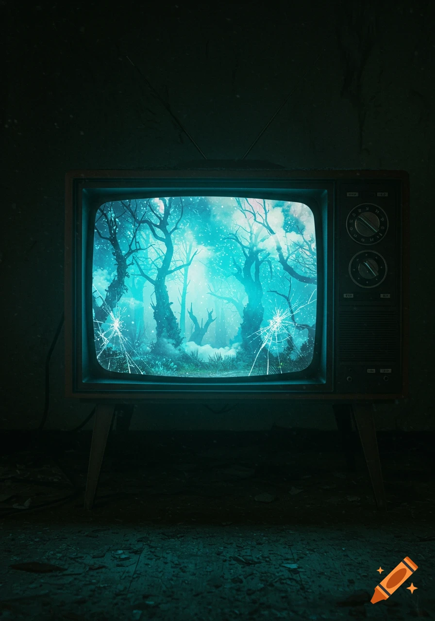 An old, dark television with a cracked screen displays a glowing, ethereal forest of twisted, bare trees.