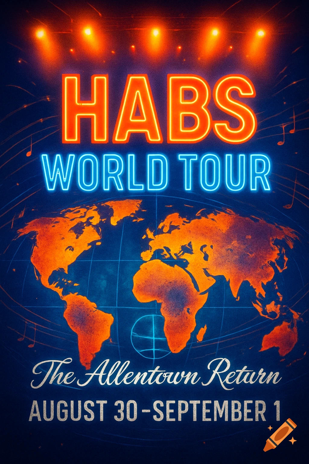 Concert poster for 'Habs World Tour: The Allentown Return' with neon orange and blue text over an orange world map, dated August 30-September 1.
