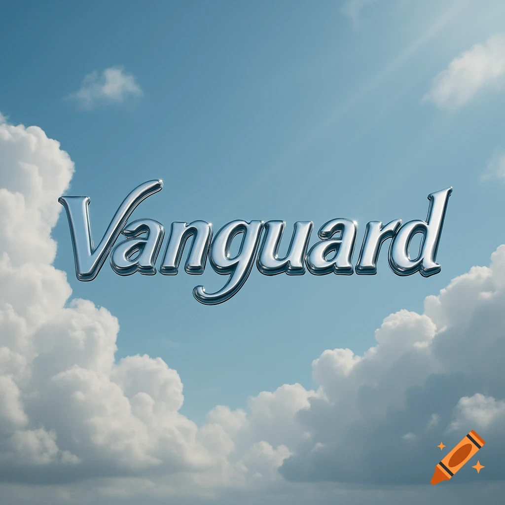 The word Vanguard in shiny chrome lettering floats in a bright blue sky with fluffy white clouds.