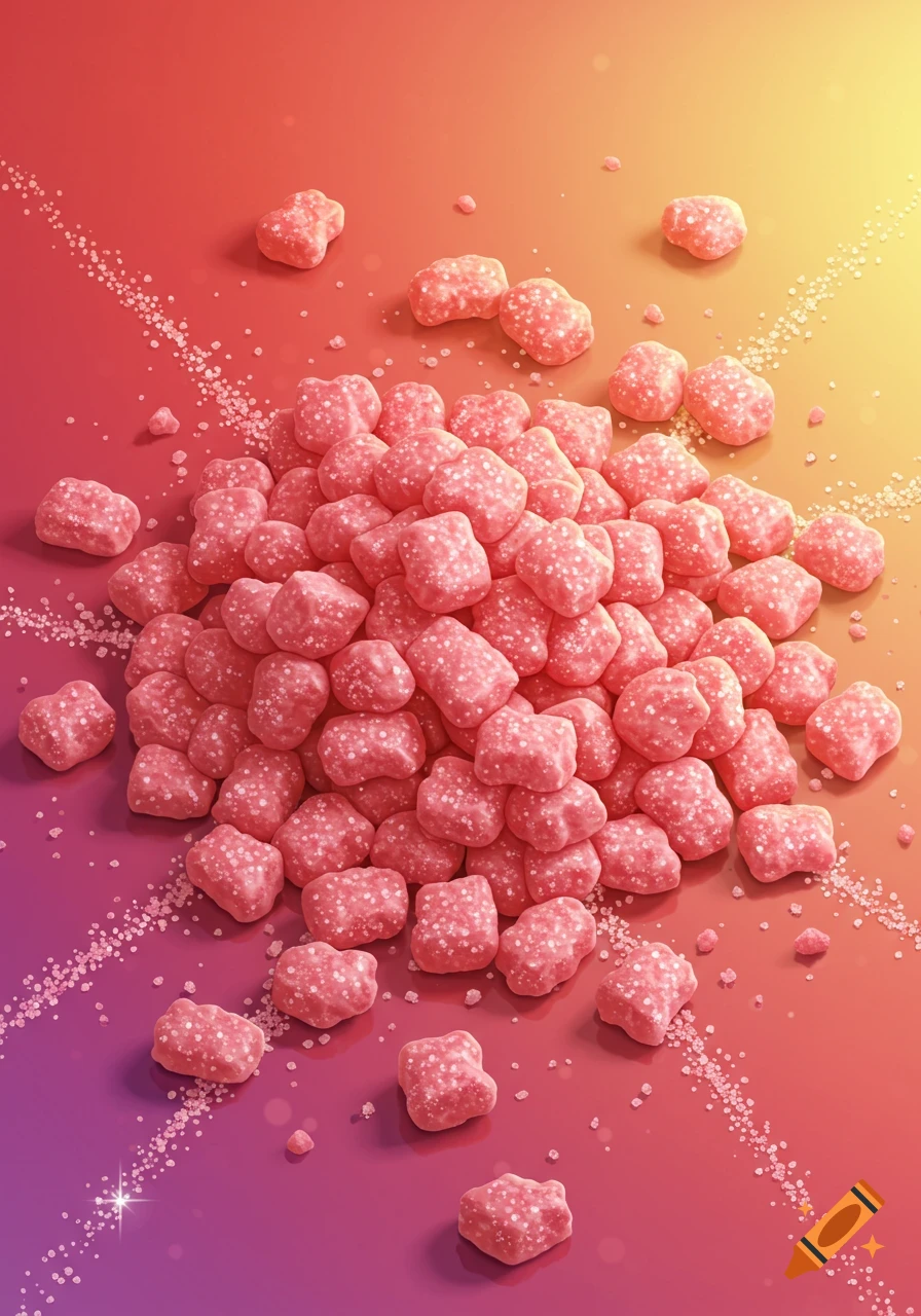 A vibrant pile of pink, sugar-coated strawberry candies scattered on a gradient pink, orange, and purple background.