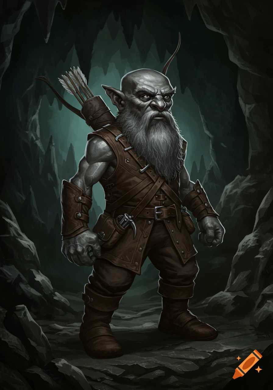 A stern Deep Gnome with grey skin, long beard, and leather armor stands in a dark cave, carrying a quiver of arrows. Digital fantasy art.