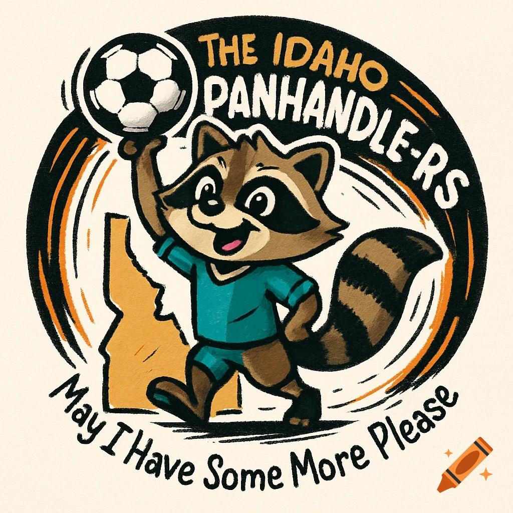 Cartoon raccoon in a soccer uniform holding a ball, next to an Idaho outline, in a circular logo with text.