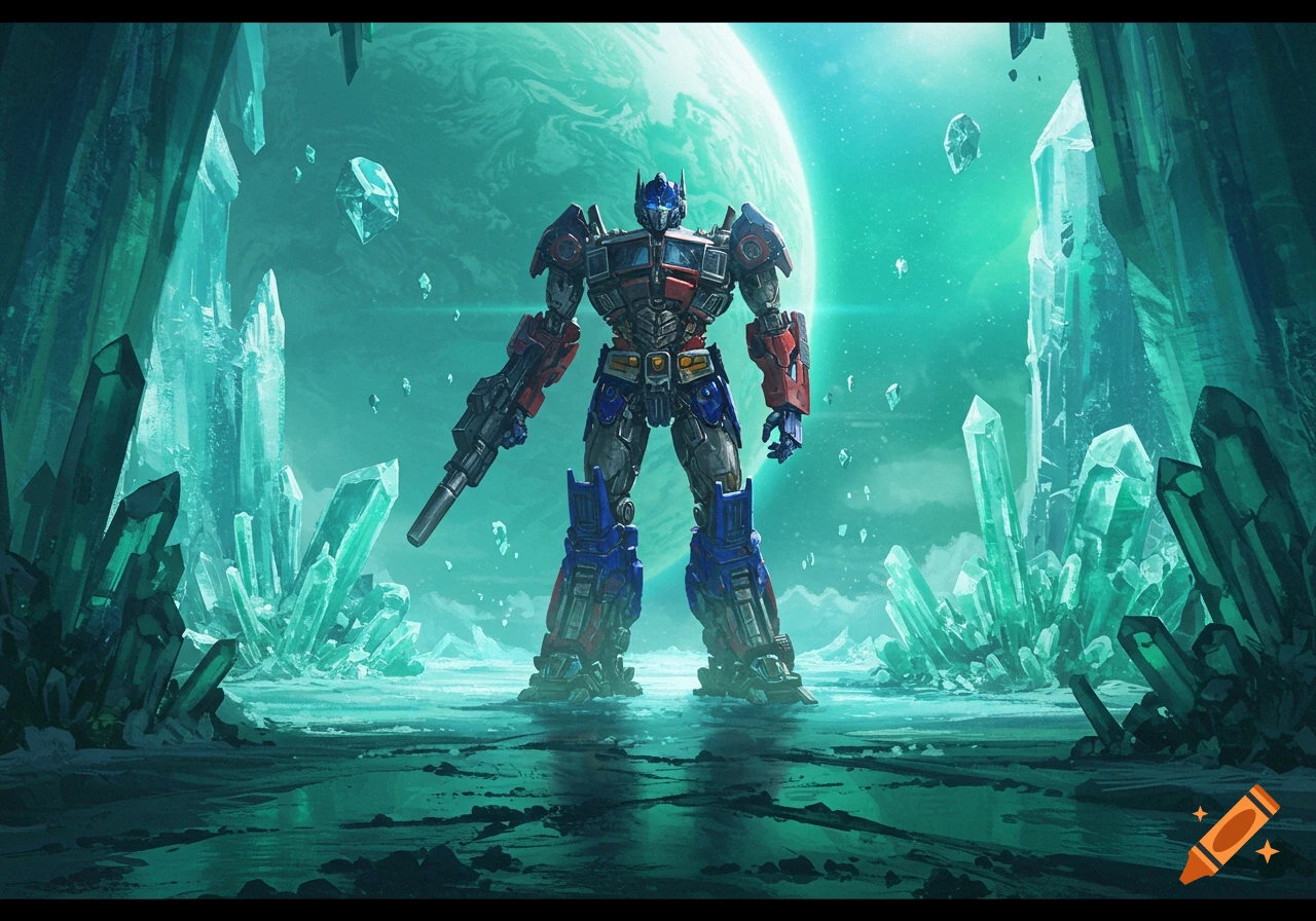 Optimus Prime stands on a planet covered in glowing blue and green crystals under a large, vibrant planet in the sky. Digital art.