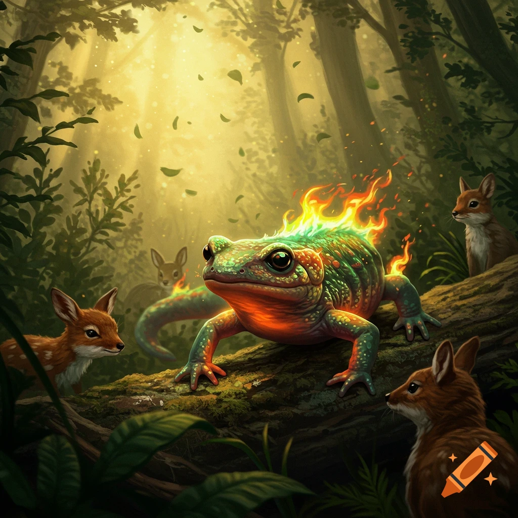 A vibrant, flame-backed frog-like creature on a mossy log in a sunlit forest, surrounded by curious fawns, in a detailed fantasy art style.
