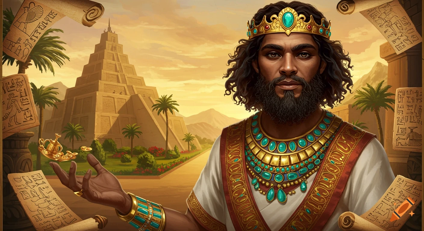A bearded man in a gold crown and elaborate ancient jewelry holds a golden tray, with a ziggurat and scrolls in the background.
