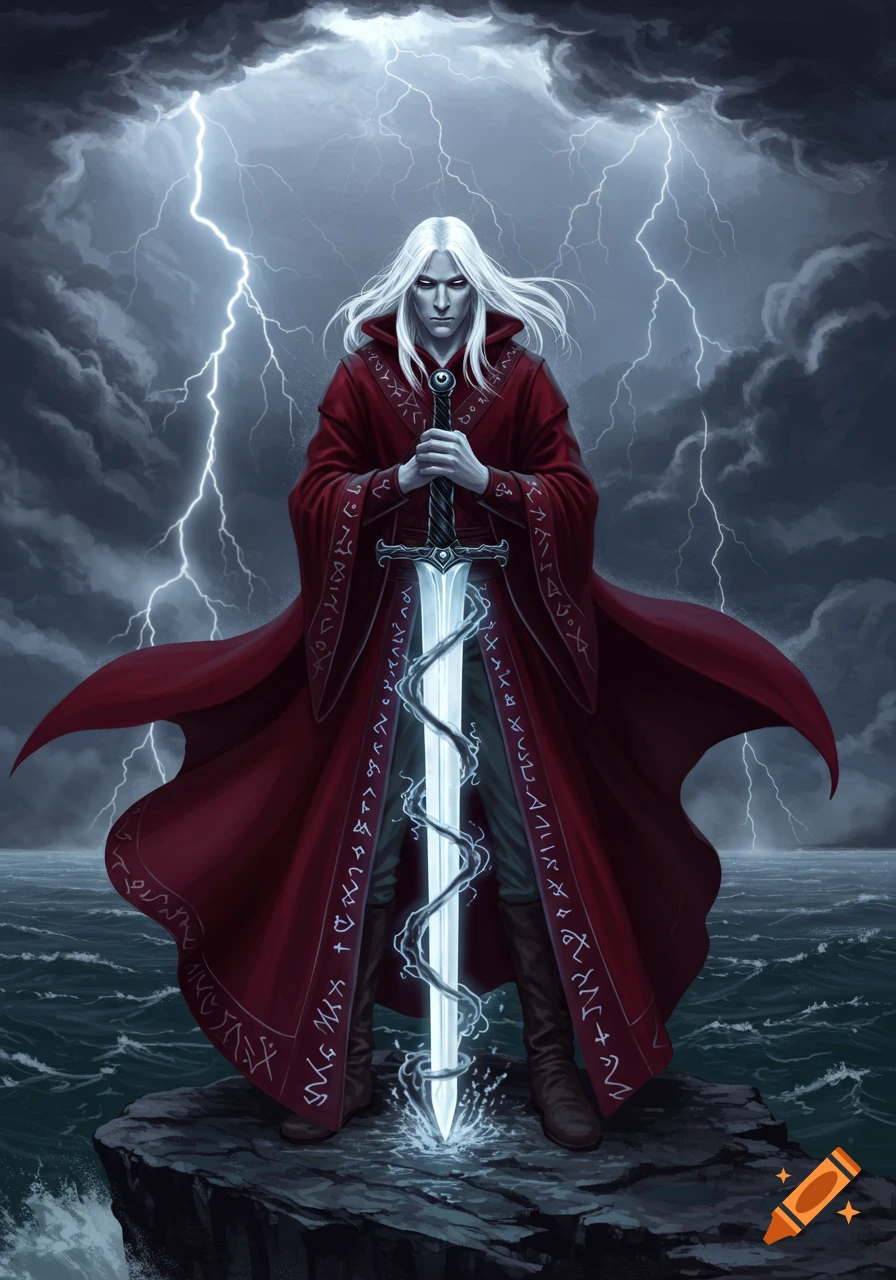 A white-haired, pale-skinned figure in a long red robe stands on a rock in a stormy sea, holding a glowing, rune-wrapped sword as lightning strikes in the dark sky.