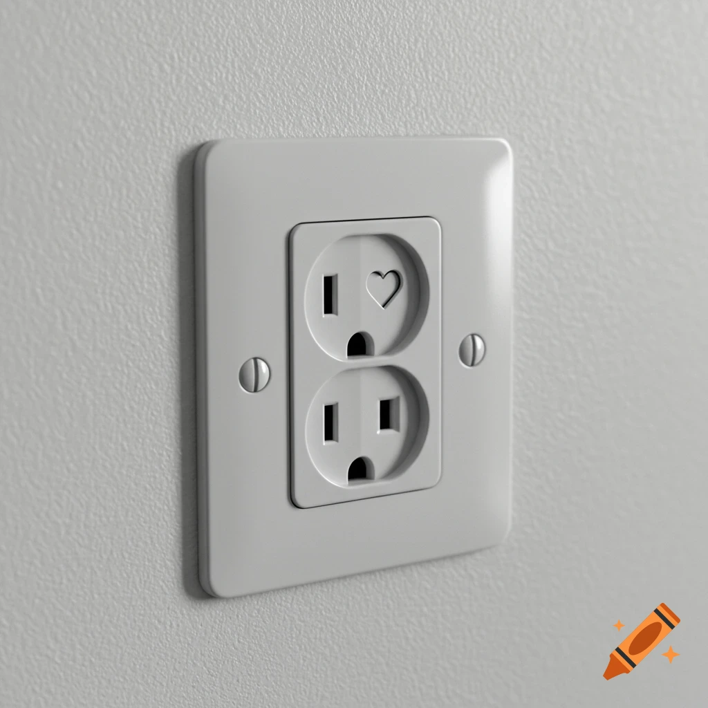Photorealistic close-up of a white electrical outlet on a white wall, with one of the top holes shaped like a heart.