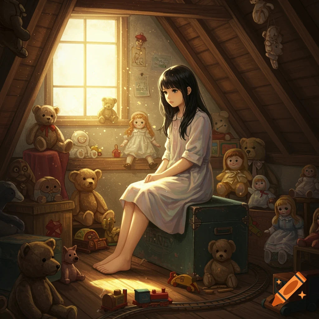 A young girl with dark hair sits barefoot on a green toy box in a dusty attic, surrounded by teddy bears, dolls, and a toy train, with golden light streaming from a window.