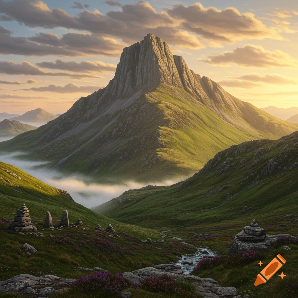 Photorealistic landscape of a majestic mountain towering over a fog-filled valley with a winding stream and rock cairns, under a sunset sky.