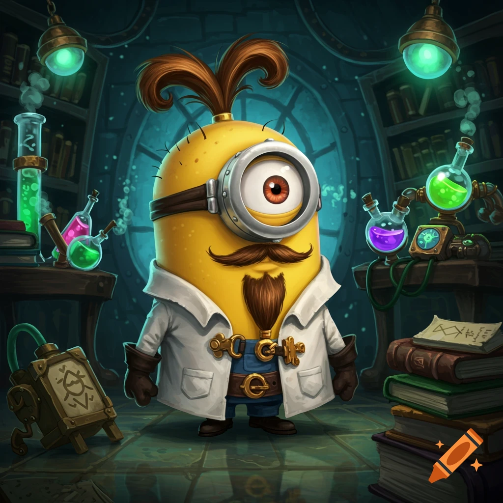 A cartoon Minion with a mustache and goatee, wearing a white lab coat, standing in a dimly lit, steampunk-style laboratory with glowing beakers and old books.