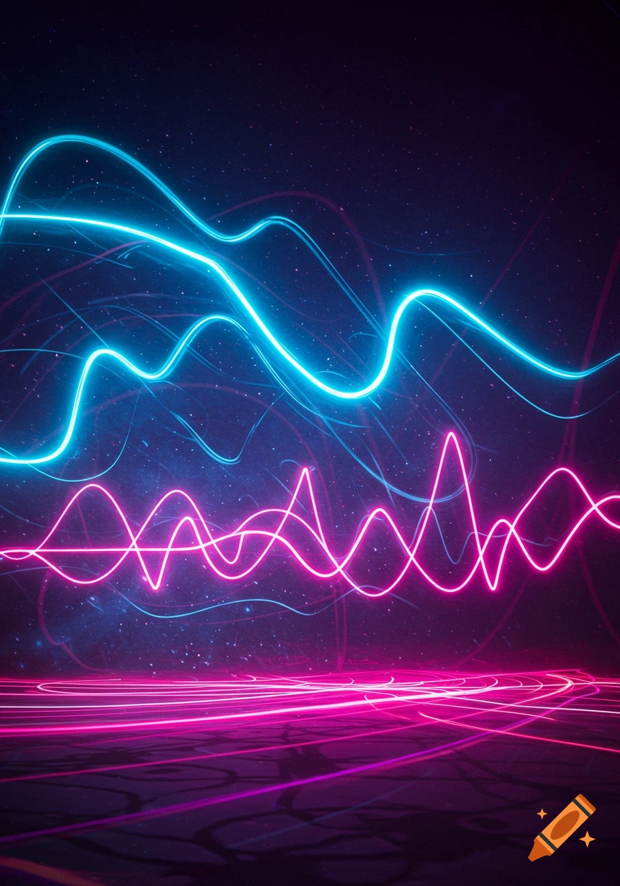 Bright neon blue and pink wavy light trails on a dark, star-filled background with reflections on a dark surface.