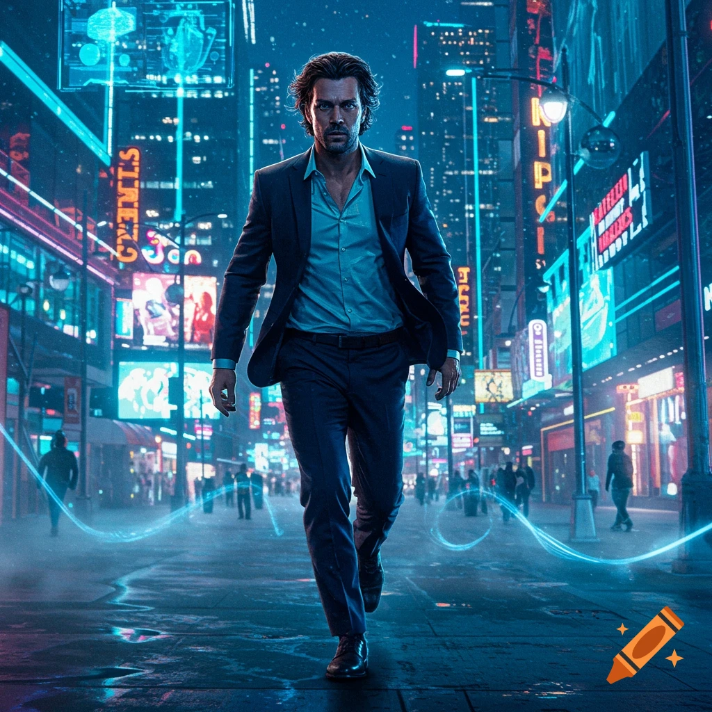 A man in a suit walks confidently down a futuristic, neon-lit city street at night, with glowing blue lines on the ground.