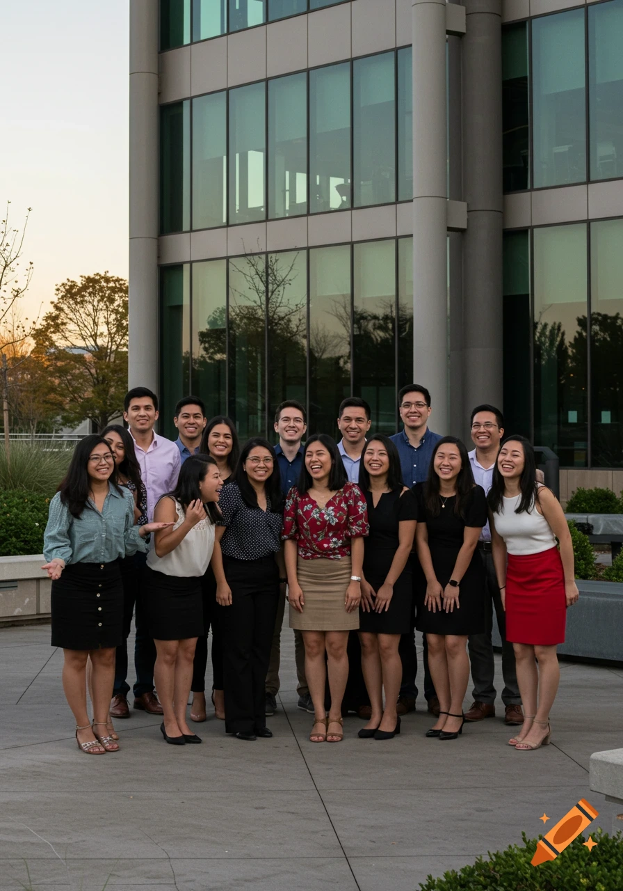 A group of young Asian professionals, men and women, smiling and laughing in front of a modern glass building at sunset.