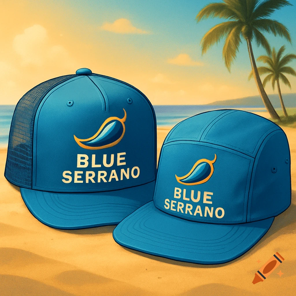 Two blue hats, a trucker and a 5-panel, with a yellow pepper logo and 'BLUE SERRANO' text, on a sandy beach with palm trees.