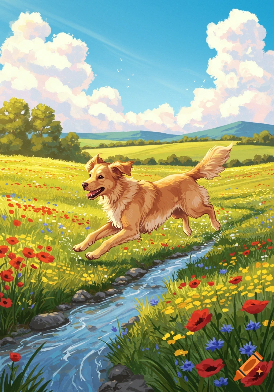 A happy golden dog leaps over a stream in a vibrant field of wildflowers under a blue sky, illustration.