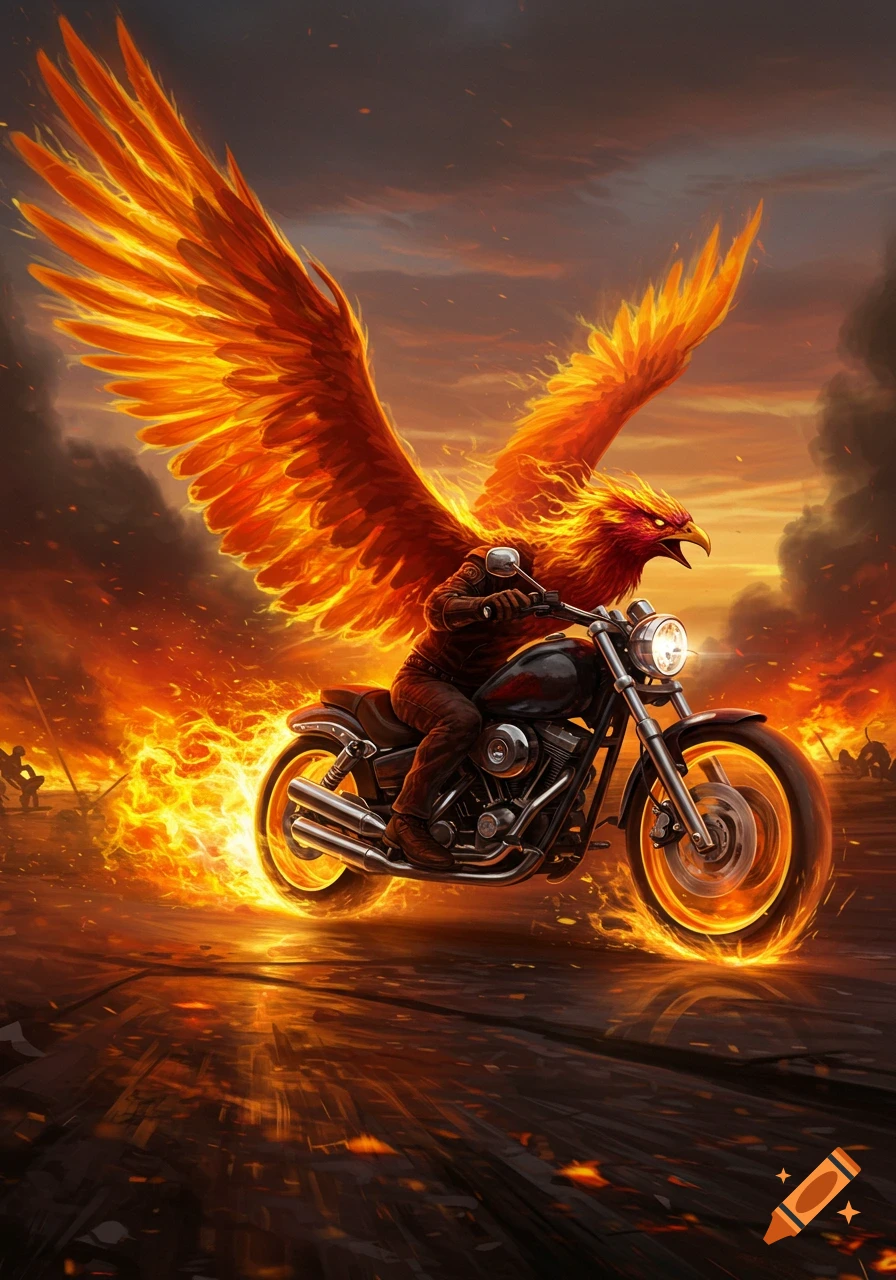 A fiery phoenix with large orange wings rides a flaming motorcycle away from a smoky battlefield at sunset.