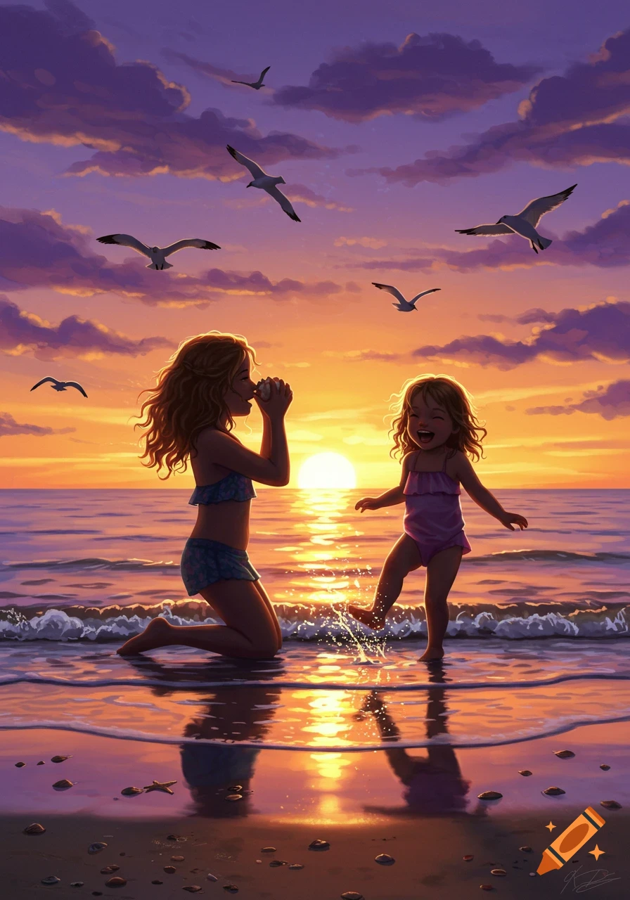 Illustration of two young girls playing on a beach at sunset, one holding a seashell, the other splashing in the water, with seagulls flying.