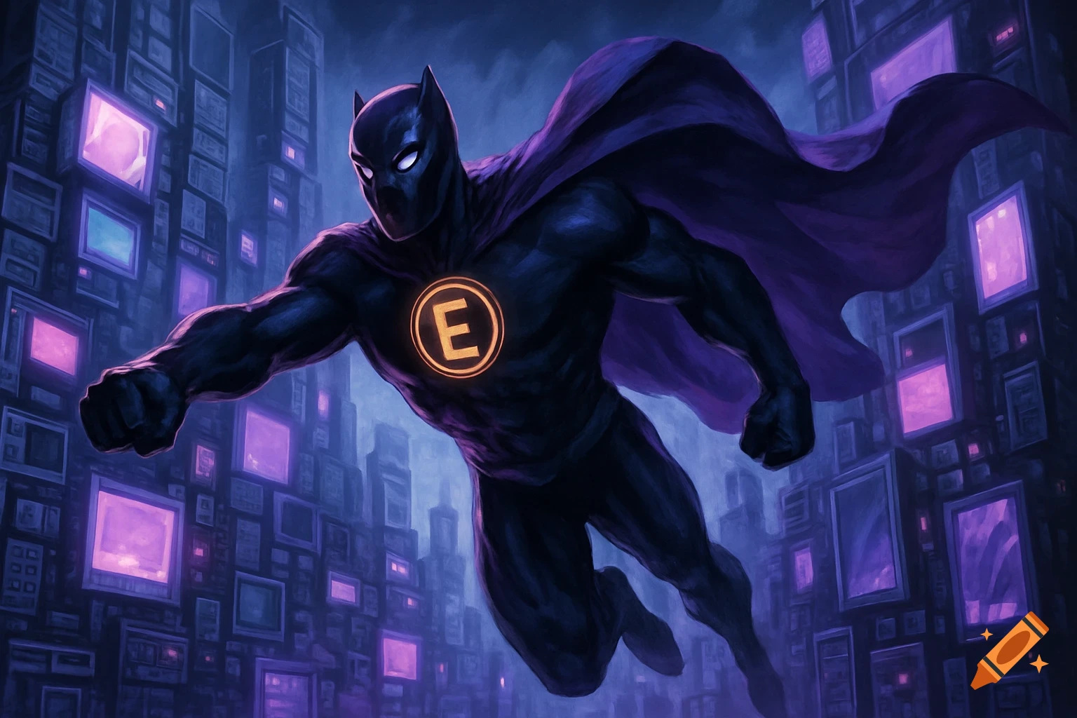 A dark purple superhero with a glowing 'E' emblem on his chest and a long cape flies through a stylized cyberpunk city at night.