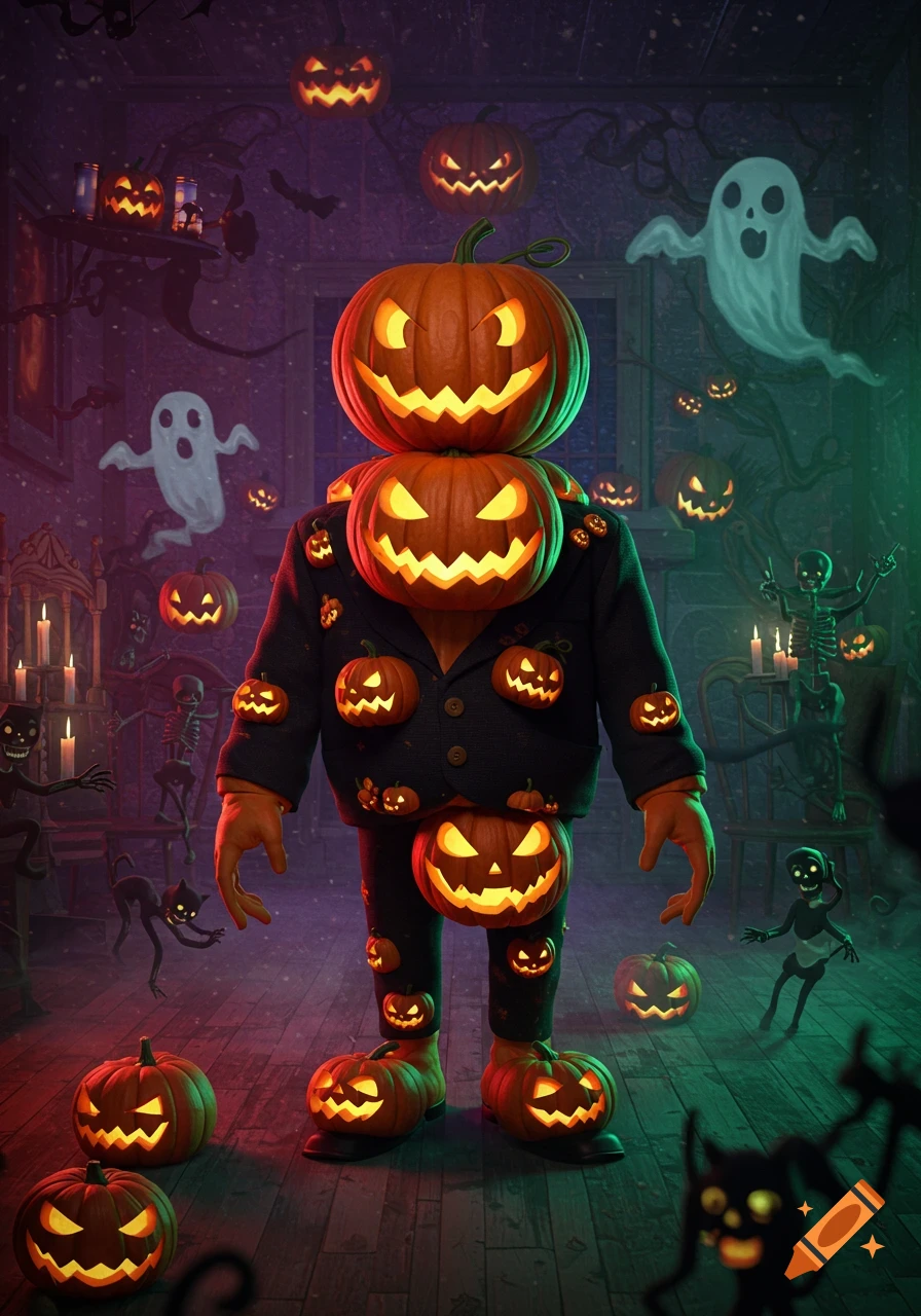 A pumpkin-headed character in a suit covered in pumpkins stands in a spooky room filled with ghosts, skeletons, and glowing jack-o'-lanterns.