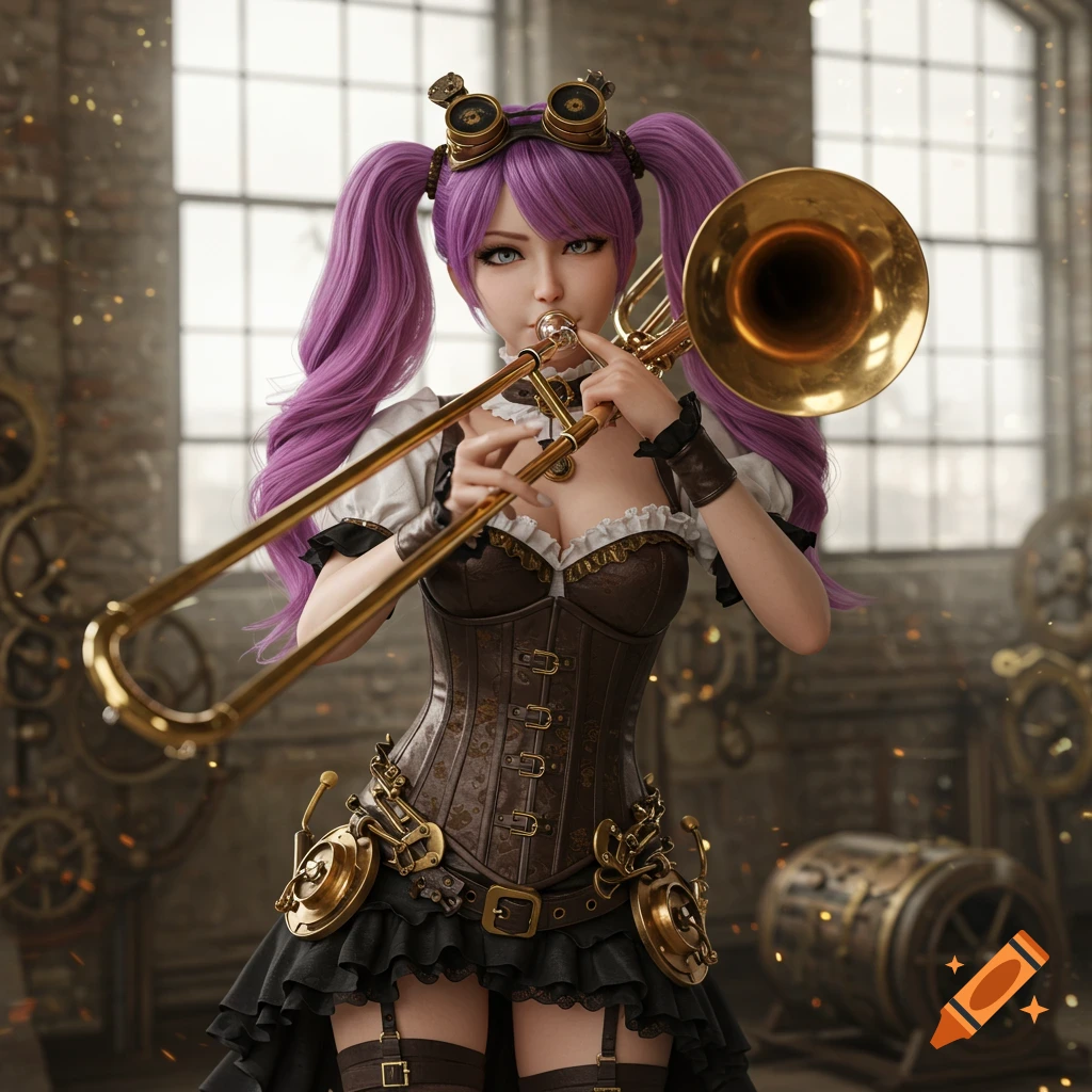 Photorealistic image of a stunning young woman with purple twintails in a low-cut steampunk corset, playing a large trombone in an industrial setting.