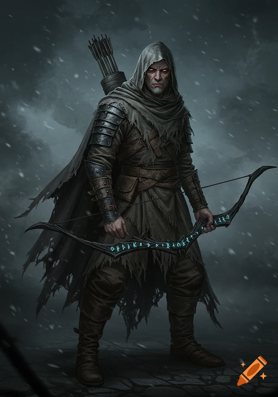 A rugged dark fantasy hunter with glowing red eyes and a tattered cloak holds a sinister bow with glowing runes in falling snow.