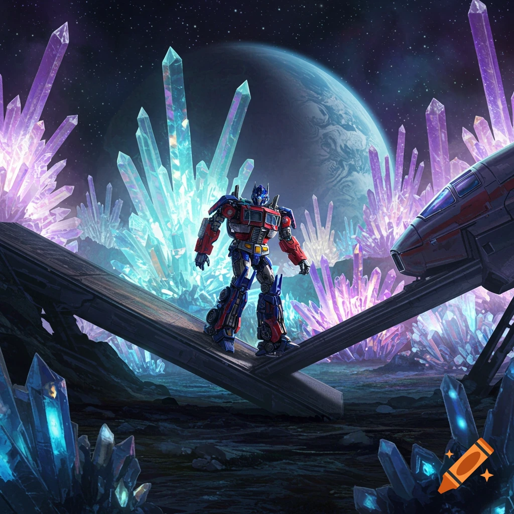 Optimus Prime stands on a ruined structure on a crystal planet under a large moon, with a spaceship nearby.