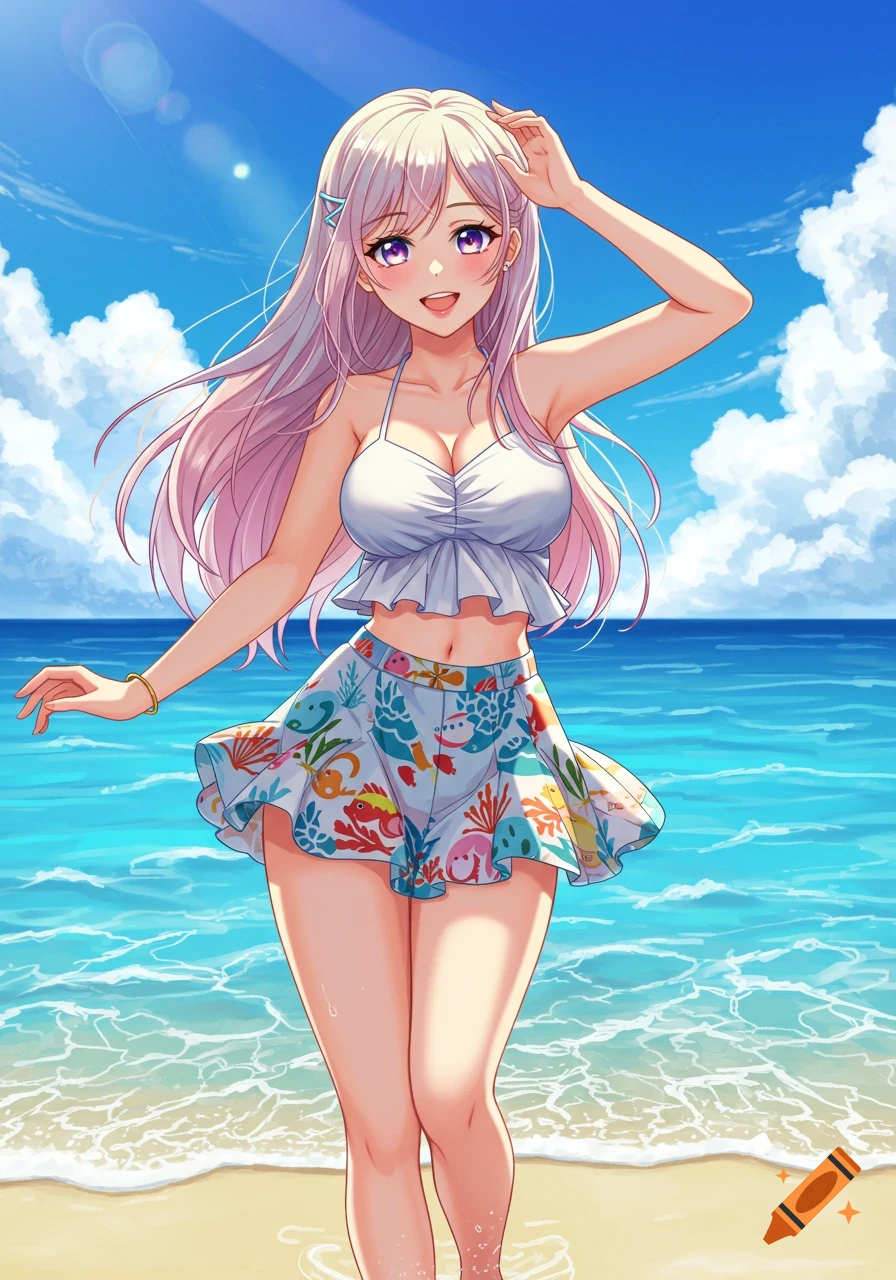 Anime woman with pink hair smiling on a sunny beach, wearing a white bikini top and patterned shorts.