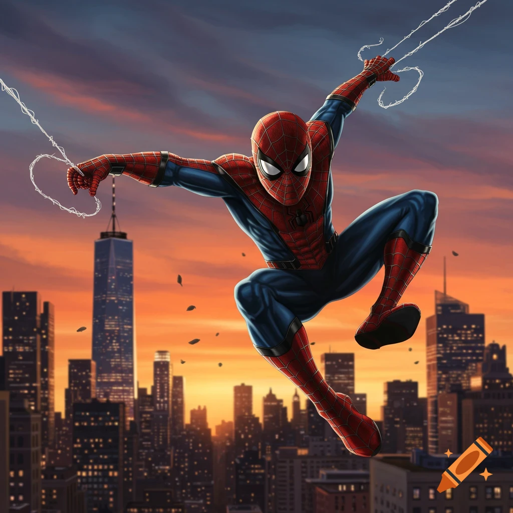Spider-Man swings through a city at sunset in his red and blue suit, comic art style.