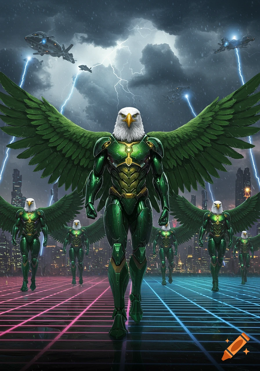 Anthropomorphic eagles in green and gold armor with large wings march on a neon grid under a stormy sky with futuristic spaceships and a city skyline.