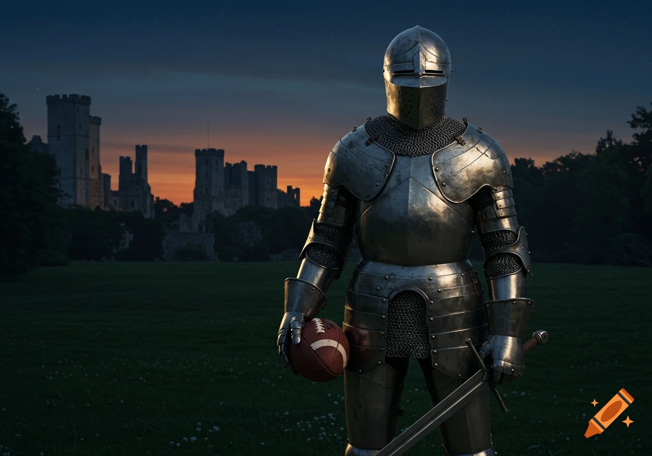 A photorealistic medieval knight in full armor holds a football and a sword, standing in a field with a castle at sunset.