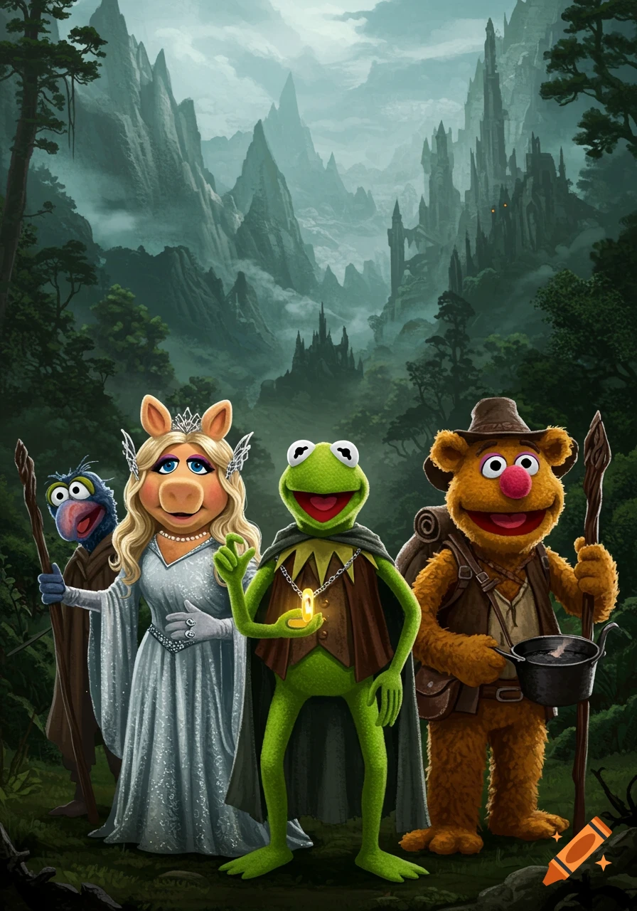 The Muppets (Gonzo, Miss Piggy, Kermit, Fozzie) as fantasy adventurers in a misty mountain landscape with a castle.