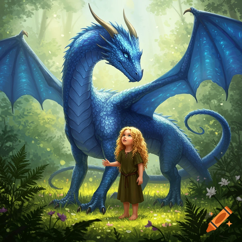 A majestic blue dragon stands protectively over a small blonde girl in a sun-dappled fantasy forest.